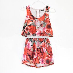 JANICE Red Floral Rose Cut-out Mesh Romper | Size Small